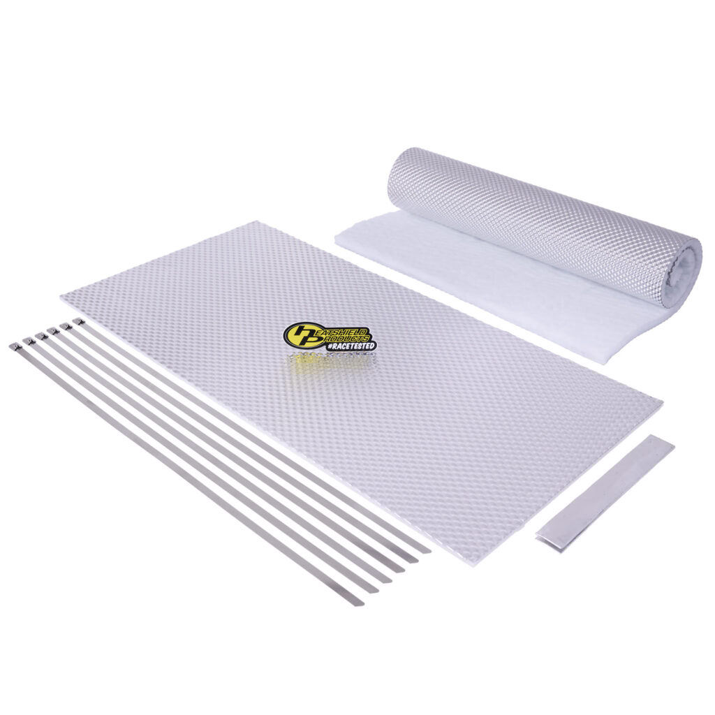High-temp heat shield kit for protecting fuel tanks from exhaust heat, includes armor wrap, thermal ties, and foil tape