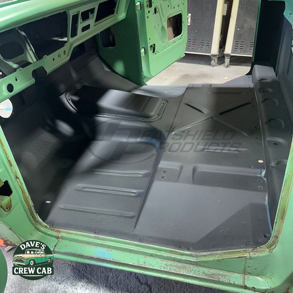 db Skin Sound Insulation Coating applied to the floor pan and cab interior of a classic Ford truck