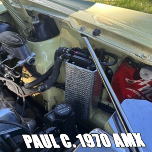 Heatshield Products Sticky Shield protecting a FiTech fuel surge tank from engine compartment heat in a 1970 AMC AMX.