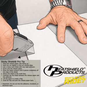 Sticky Shield pro tip showing where to lightly score the release paper with a razor blade before peeling it from the adhesive backing.
