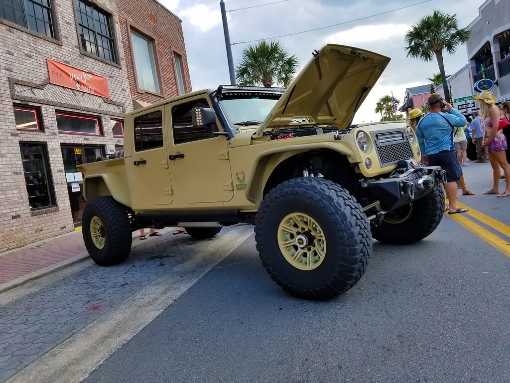 Army Green Jeep with the Hood Up 