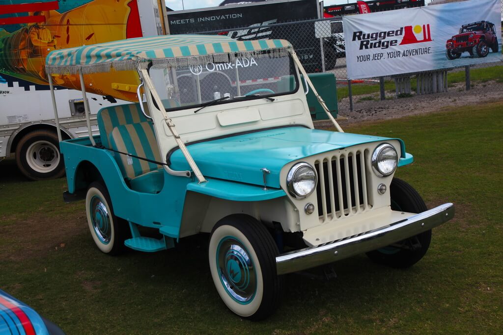 Vintage Baby Blue Jeep Sits on Grass at Car Show