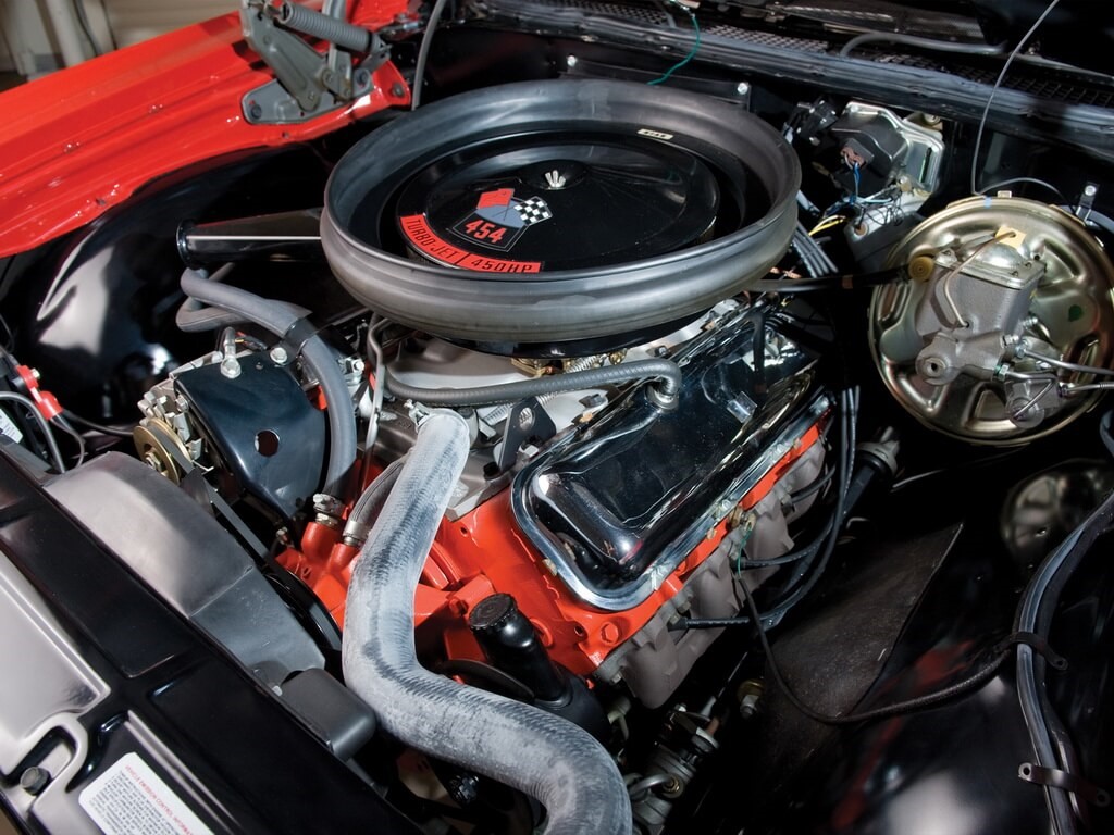 A close-up view of a Chevrolet big block engine with red accents.
