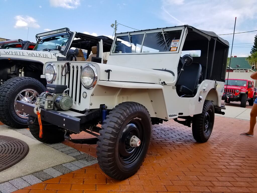 Vintage, White Jeep Parked at Car Show
