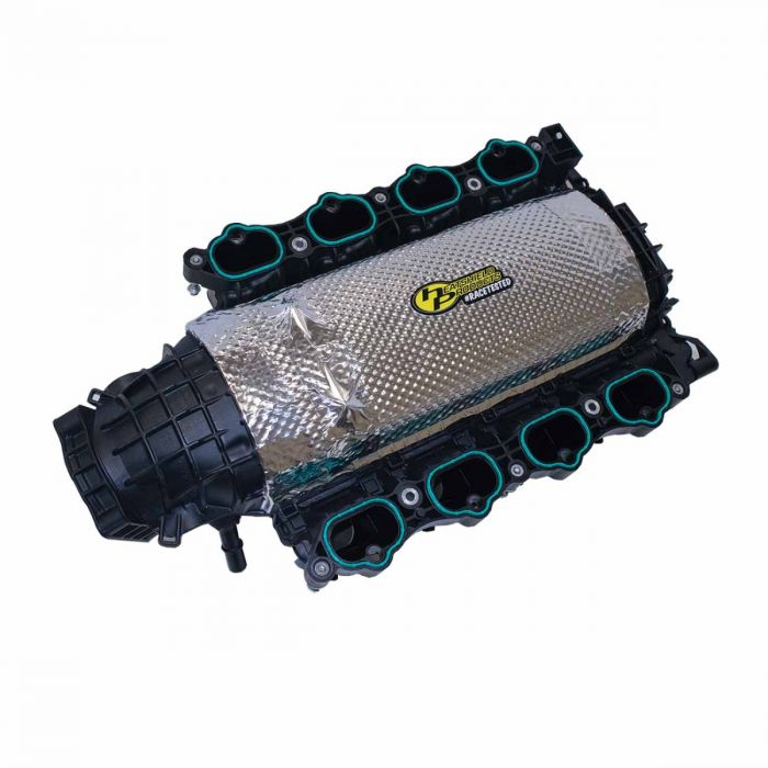 I-M Shield intake manifold insulation installed on a Ford Coyote V8 intake manifold