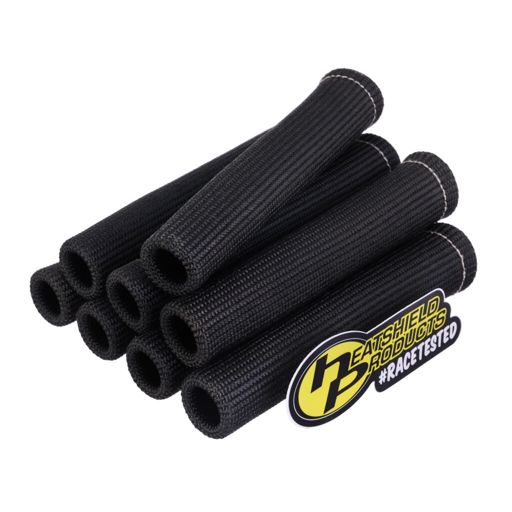 8-pack black Stealth spark plug boot heat shields for high-temp ignition protection by Heatshield Products.