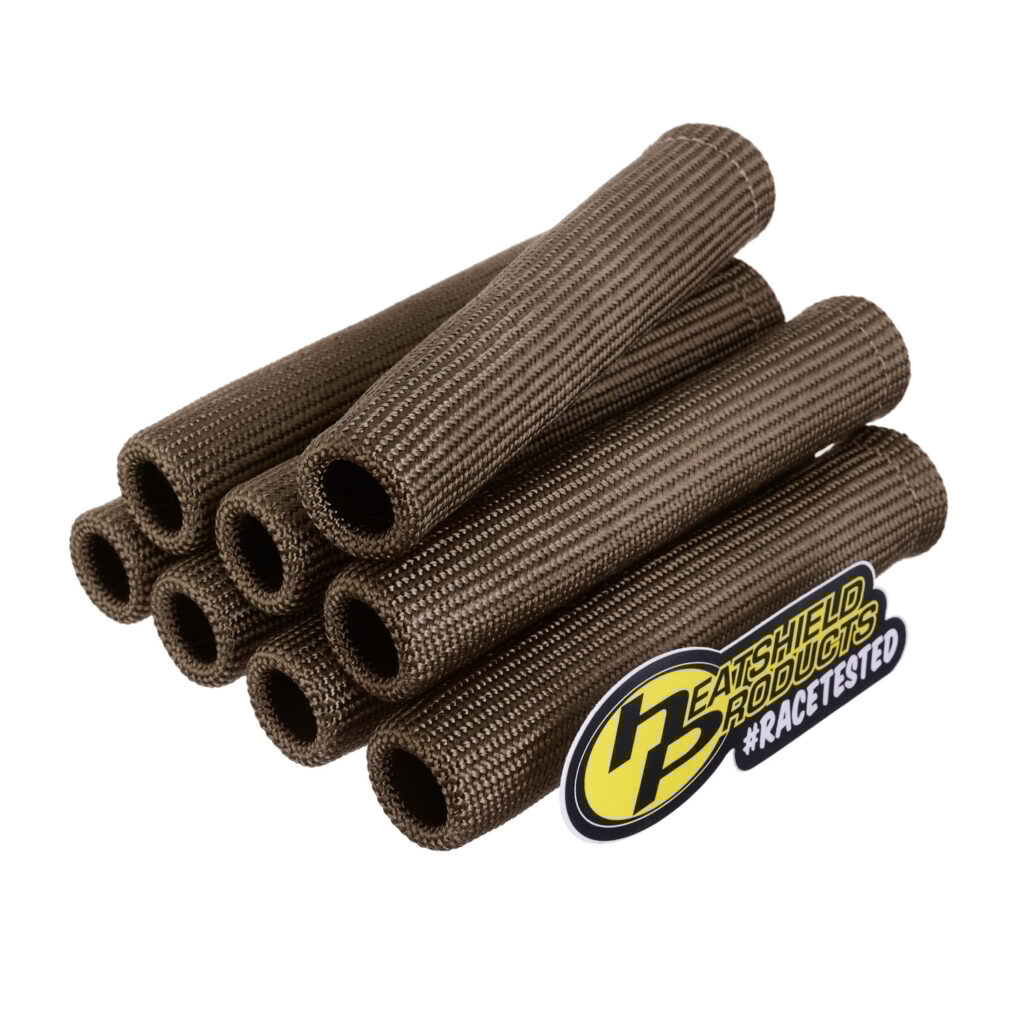 8-pack brown Lava spark plug boot heat shields for high-temp ignition protection, Heatshield Products branding.