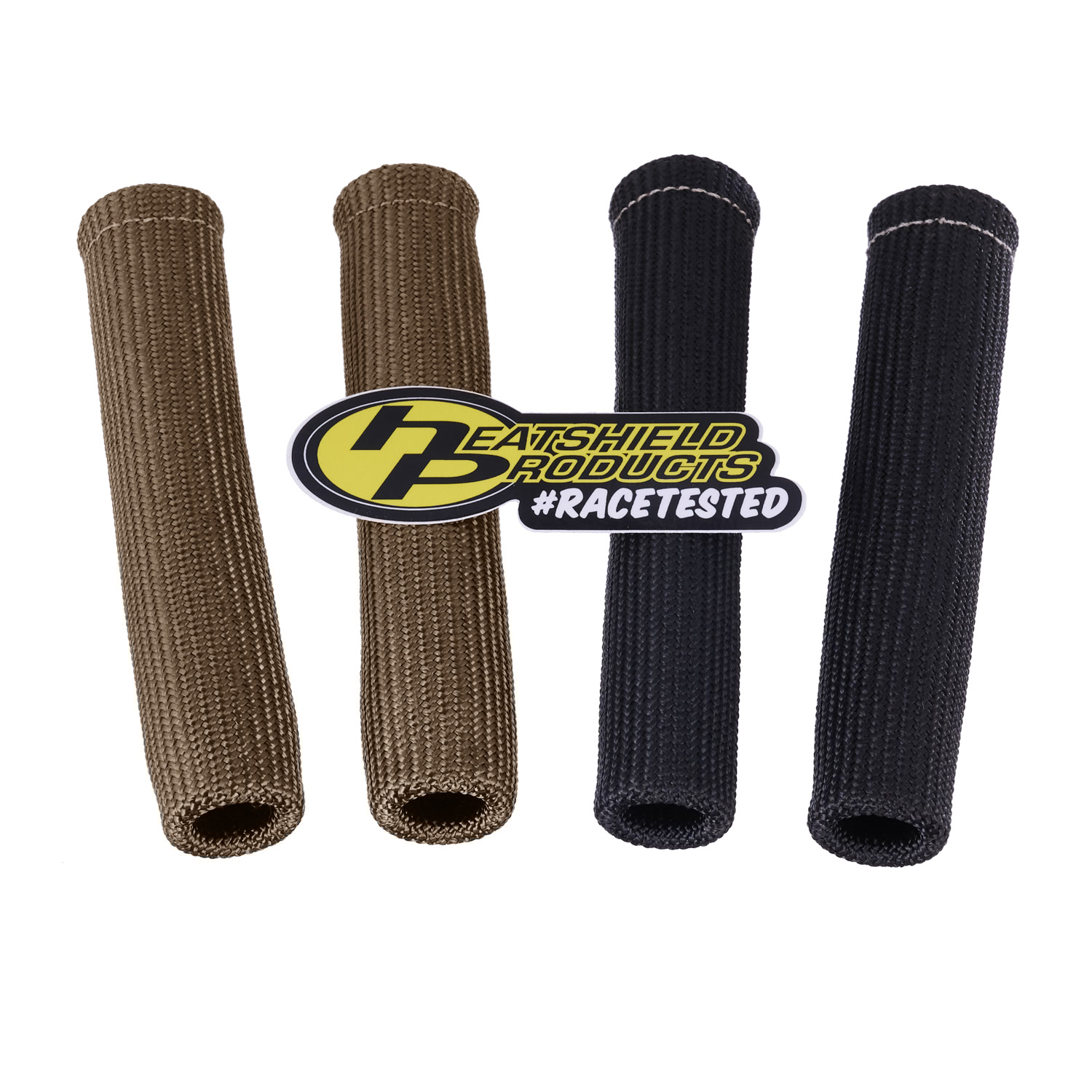 Heatshield Products Lava (natural) and Stealth (black) spark plug boot heat shields displayed for comparison with logo.