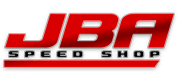 Logo for JBA Speed Shop, featuring bold red JBA letters with a gradient effect above smaller black Speed Shop text, all on a white background—a fitting emblem for an automotive heat shields specialist.