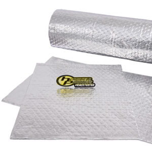 A rolled and two flat sheets of silver, diamond-patterned insulation material with the Heatshield Products logo and #RACETESTED text on top.
