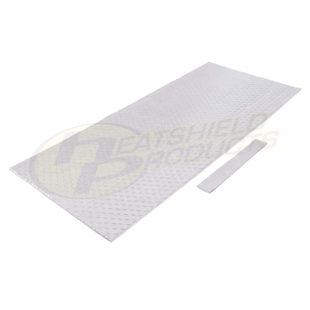 A rectangular sheet of silver, textured heat shield material with a smaller matching strip beside it, displayed on a white background.