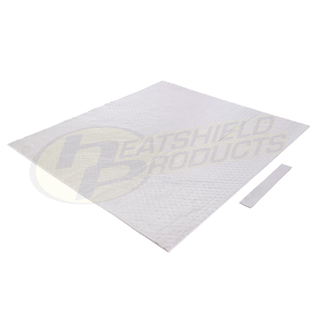 A large, square, silver quilted heat shield mat is laid flat next to a rectangular silver strip on a white background.