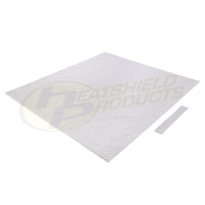 A large, square, silver quilted heat shield mat is laid flat next to a rectangular silver strip on a white background.
