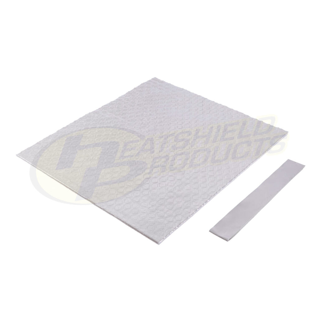 A white, square-shaped heat shield mat with a textured honeycomb pattern is shown next to a separate narrow rectangular strip, both placed on a plain white background.