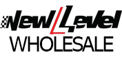 Logo with the words New Level WHOLESALE in bold black text, with the L in Level stylized in red and italicized, a checkered flag next to New—perfect for businesses specializing in automotive heat shields.