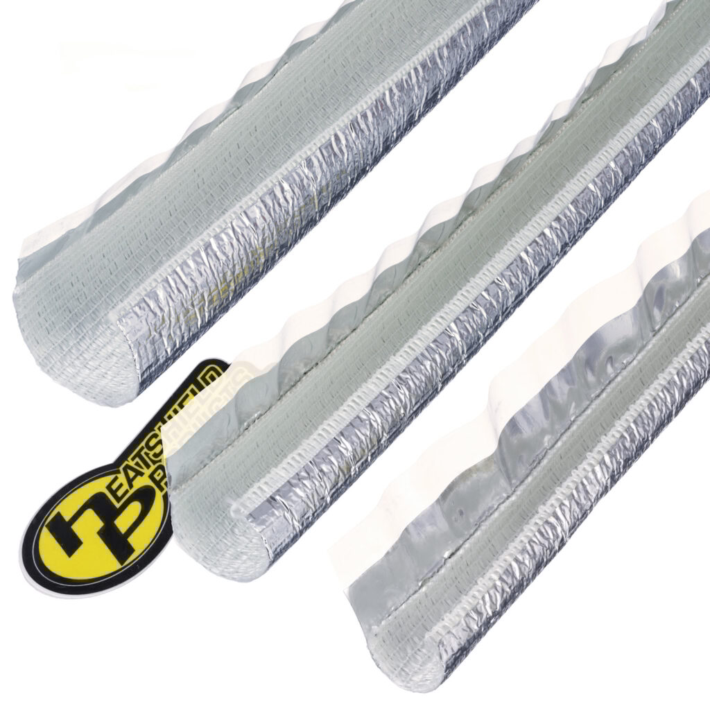Heatshield Products Thermaflect Tube reflective heat sleeves shown in multiple sizes, self-closing aluminum heat shield tubing for protecting wires and hoses.