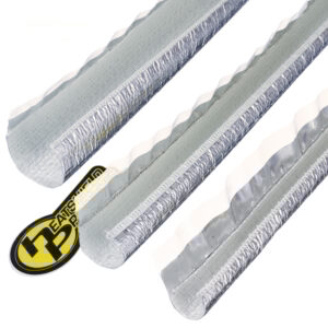 Heatshield Products Thermaflect Tube reflective heat sleeves shown in multiple sizes, self-closing aluminum heat shield tubing for protecting wires and hoses.