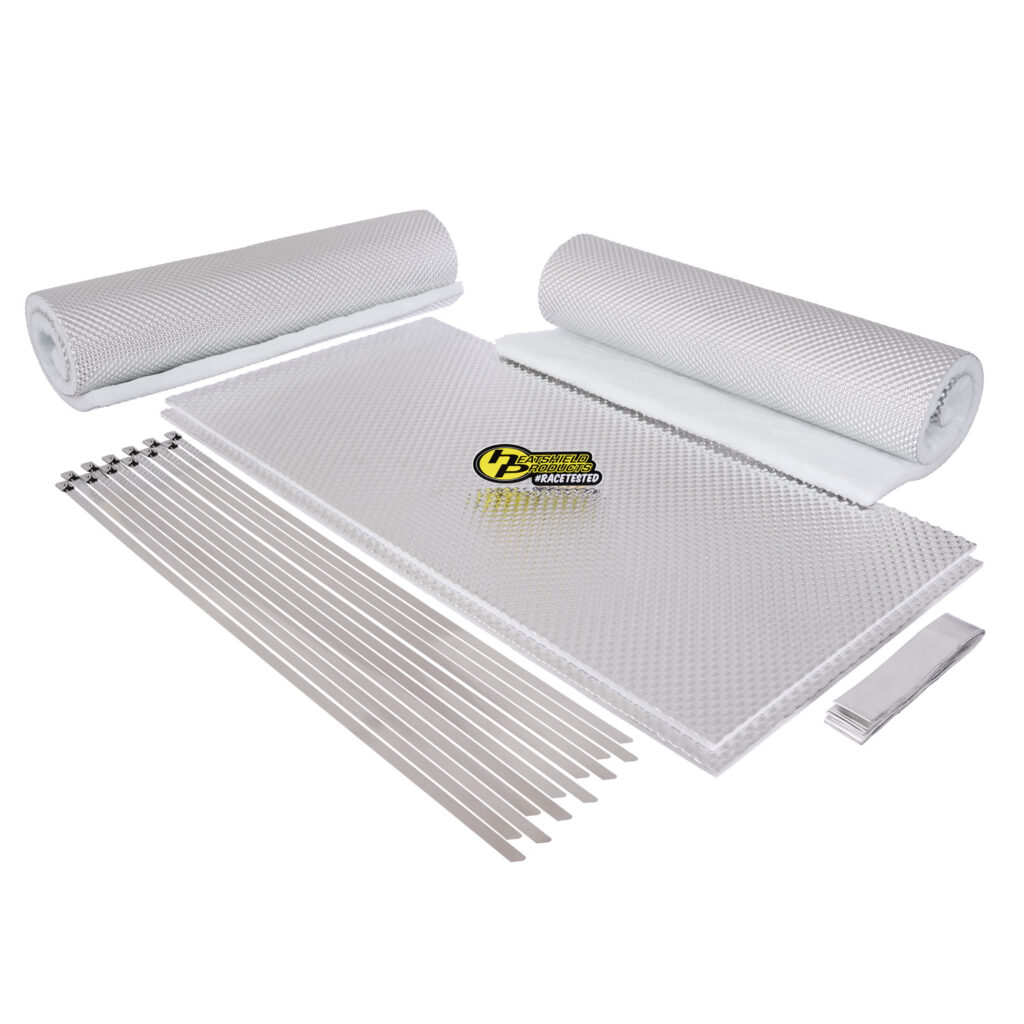 Heatshield Products Fuel Tank Armor Kit with dimpled aluminum panels, insulation rolls, stainless steel locking ties, and adhesive strips for thermal protection.