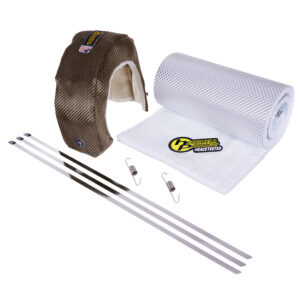 Turbo heat shield kit featuring a T3 turbo blanket, Heatshield Armor insulation wrap, stainless locking ties, and spring clips for high-performance thermal protection.