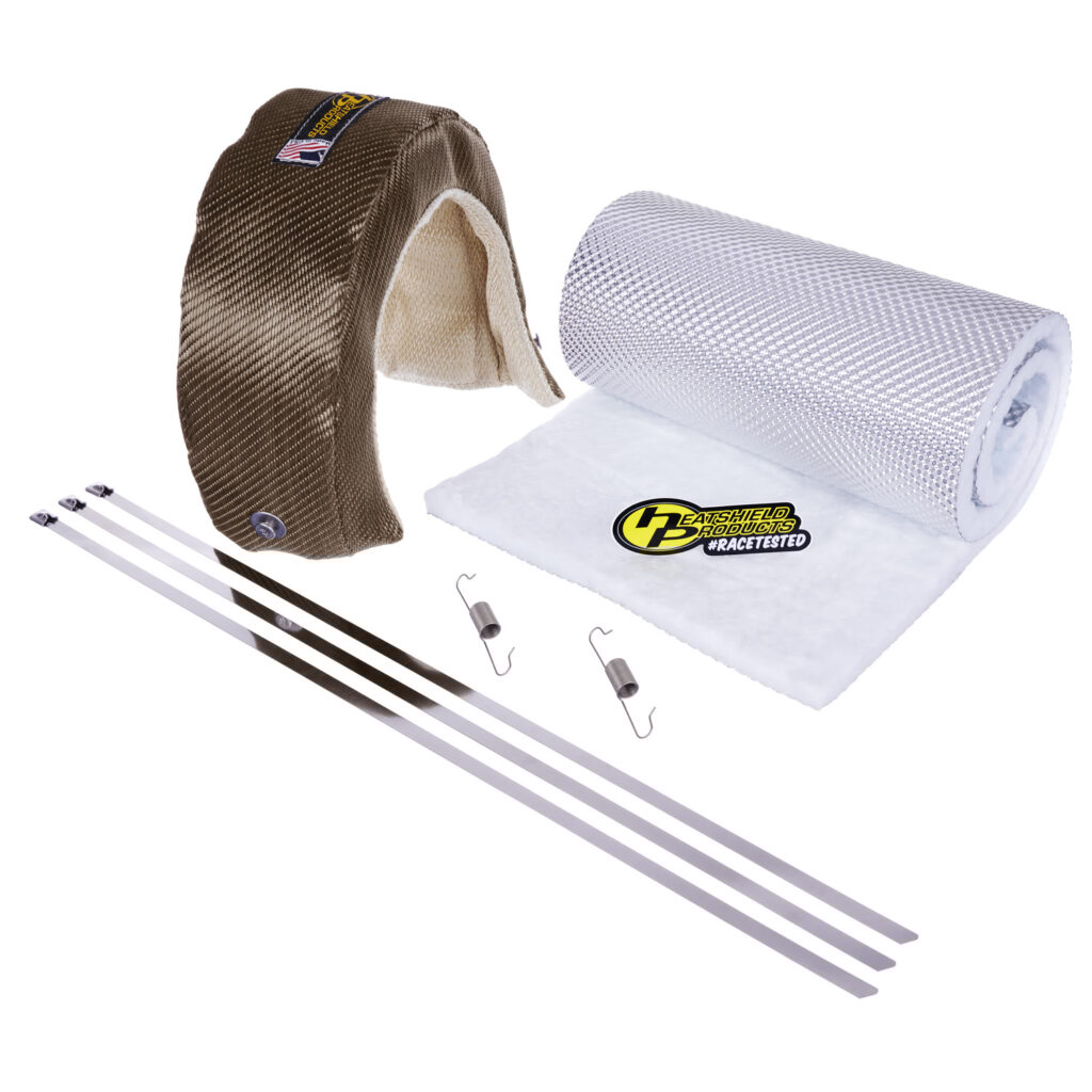 Turbo heat shield kit featuring a T4 turbo blanket, Heatshield Armor insulation wrap, stainless locking ties, and spring clips for high-performance thermal protection.