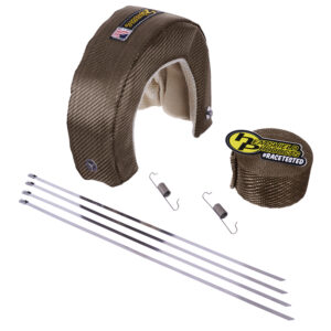 T3 turbo blanket kit with Heatshield Products Lava Wrap, stainless locking ties, and spring clips for high-performance exhaust heat protection.