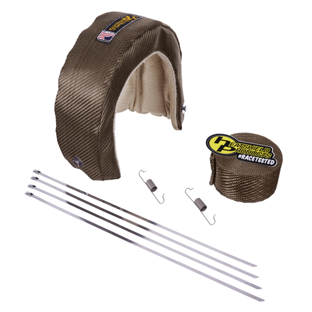 T4 turbo blanket kit with Heatshield Products Lava Wrap, stainless locking ties, and spring clips for high-performance exhaust heat protection.