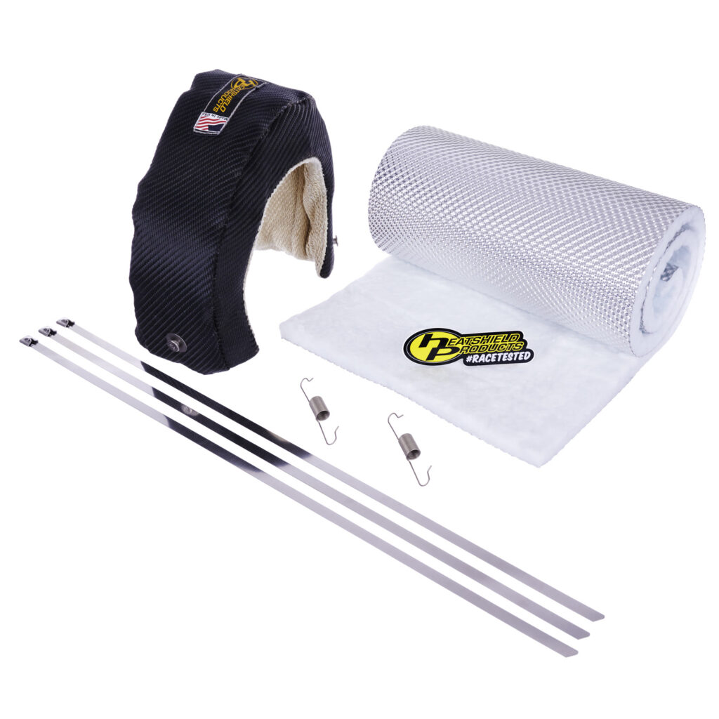 Stealth T3 turbo blanket kit with Heatshield Armor insulation, stainless locking ties, and spring clips for premium underhood heat protection.