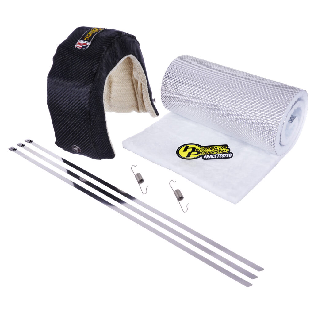 Stealth T4 turbo blanket kit with Heatshield Armor insulation, stainless steel locking ties, and spring clips for high-temperature turbo protection.