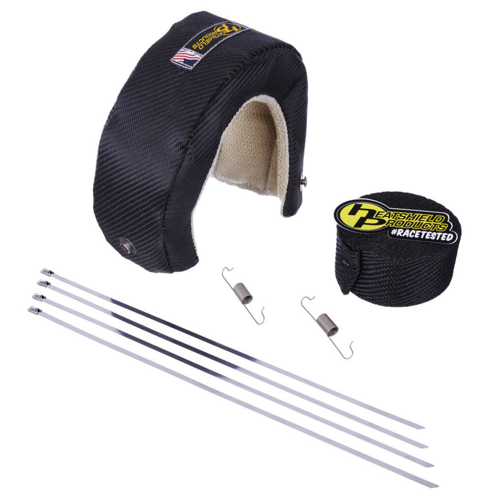 T3 turbo blanket kit with Heatshield Products Stealth Lava Wrap, stainless locking ties, and spring clips for compact turbo heat management.