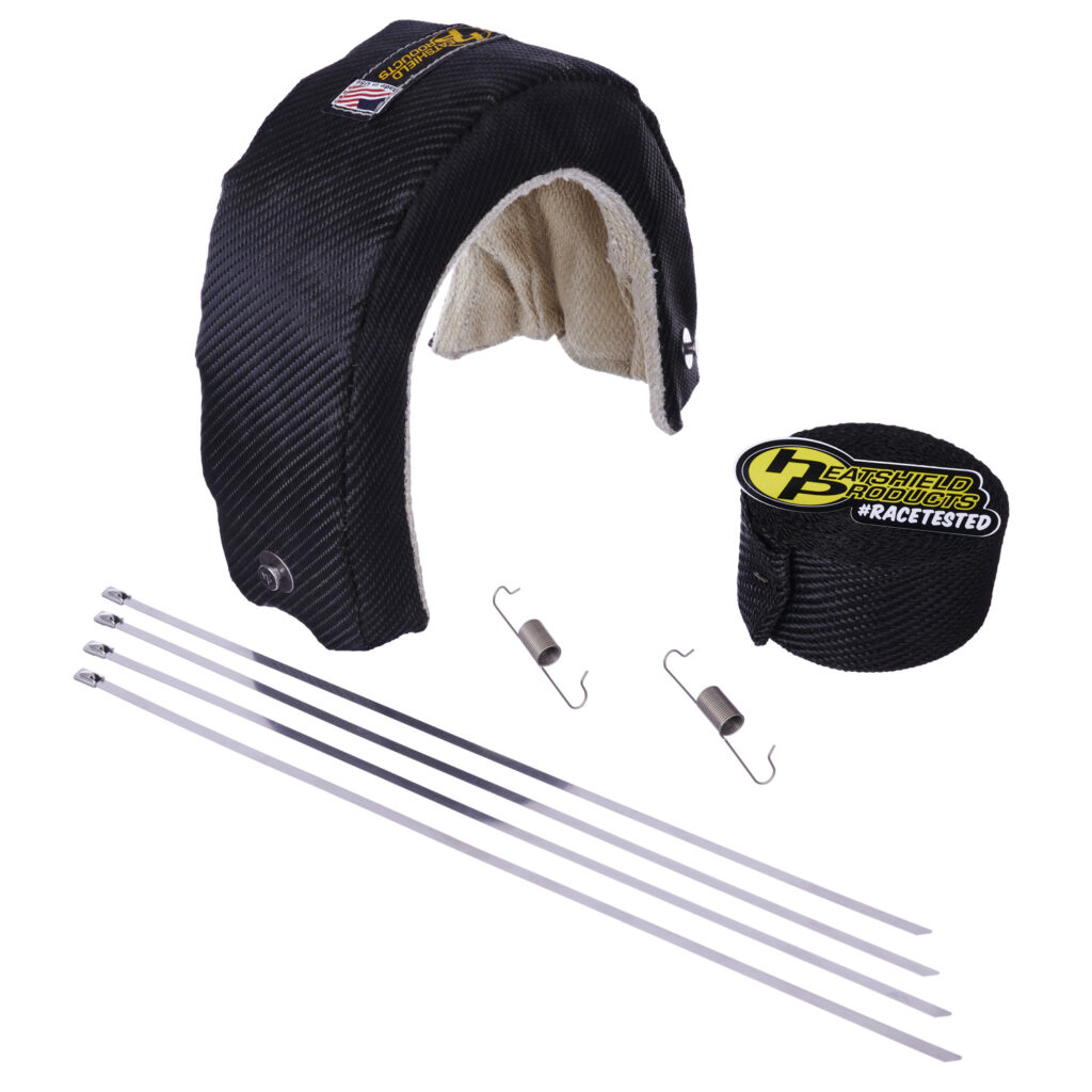 T4 turbo blanket kit with Heatshield Products Stealth Lava Wrap, stainless locking ties, and spring clips for compact turbo heat management.