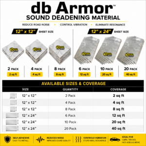 db Armor sound deadening material size and coverage chart showing 12 in x 12 in and 12 in x 24 in sheet options